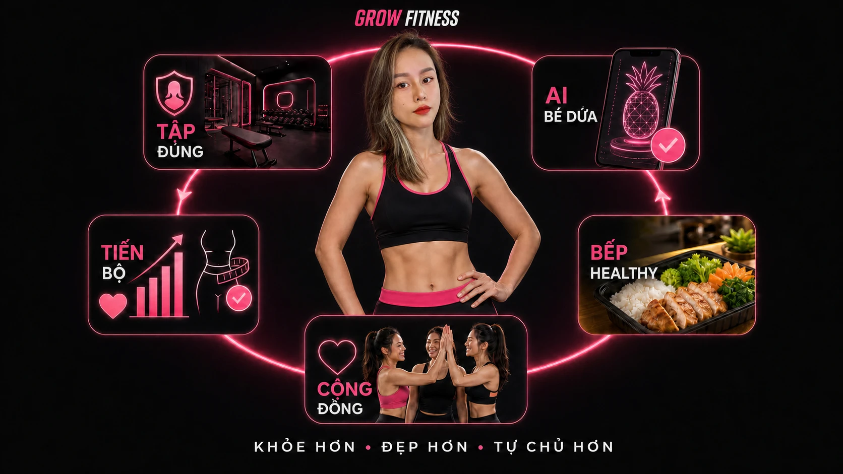 Hệ sinh thái Grow Fitness kết nối phòng tập nữ, AI Bé Dứa, Bếp Healthy, cộng đồng và theo dõi tiến bộ.